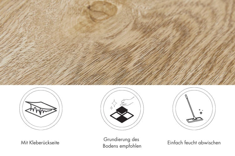 Holzoptik Bodenbelag mit Symbolen für selbstklebende Rückseite, empfohlene Grundierung und einfache feuchte Reinigung.