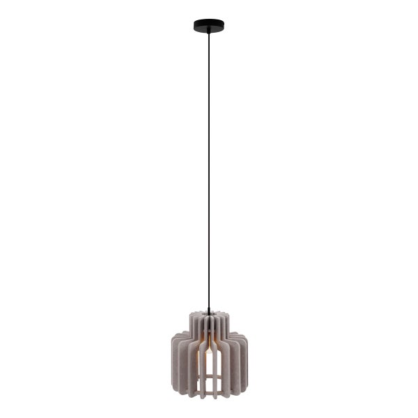 Pendelleuchte mit grauem Filzschirm aus vertikalen Lamellen und schwarzer Abhängung.