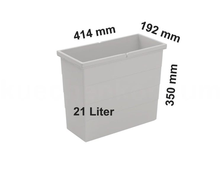 Mülleimereinsatz mit 21 Liter Fassungsvermögen, Maße: 414 Millimeter Länge, 192 Millimeter Breite und 350 Millimeter Höhe.