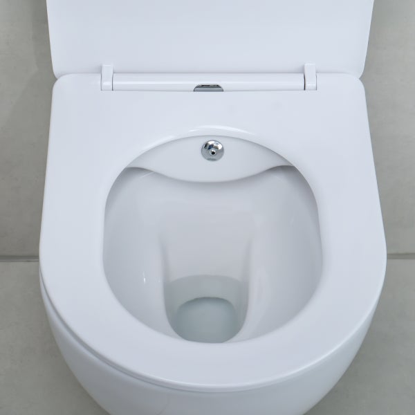 Dusch-WC, spülrandlos, mit integrierter Gesäßdusche und offenem Spülrand.