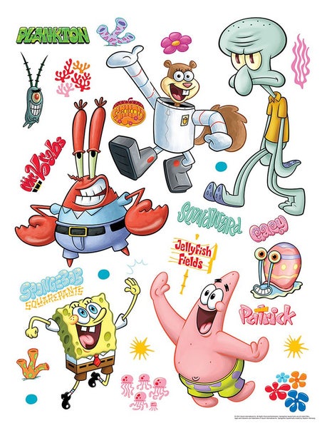 Wandsticker-Set mit Charakteren aus SpongeBob Schwammkopf wie Patrick, Thaddäus, Sandy, Mister Krabs, Plankton und Gary.