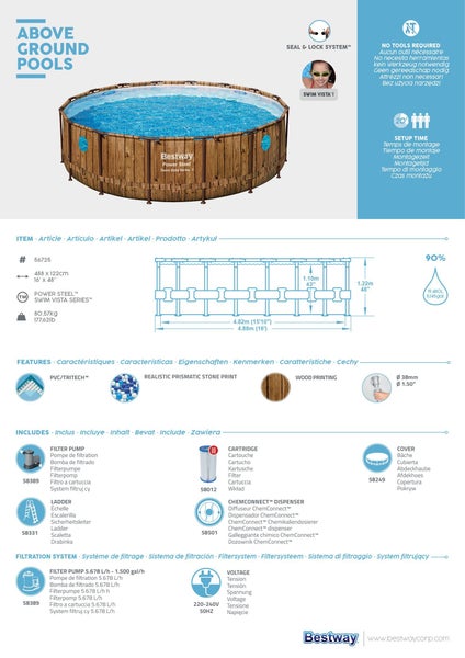 Bestway Power Steel Swim Vista Series II Aufstellpool mit Seal and Lock System, ohne Werkzeug montierbar, Aufbauzeit circa 20 Minuten, Füllmenge 90 Prozent, inklusive Filterpumpe, Kartusche, Leiter, ChemConnect Dosierer und Abdeckung