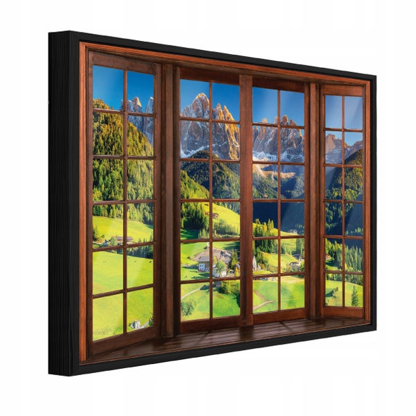 Wandbild mit Bergpanorama Motiv hinter einem gerahmten Fenster-Design