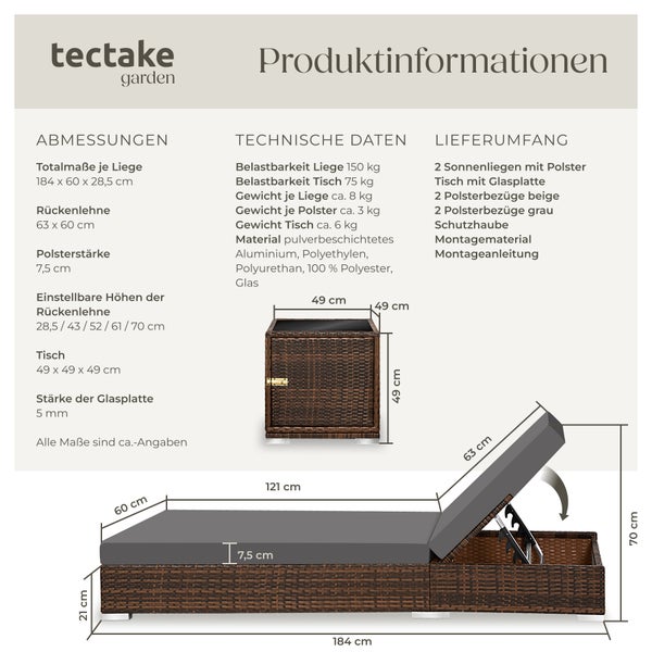 2er Set Rattan Sonnenliegen tectake  wetterfest und UV-beständig mit Aluminiumgestell braun