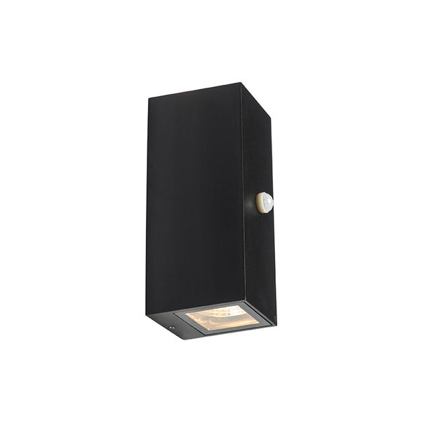 Schwarze, rechteckige Außenwandleuchte aus Metall mit Bewegungsmelder, Lichtaustritt nach unten.