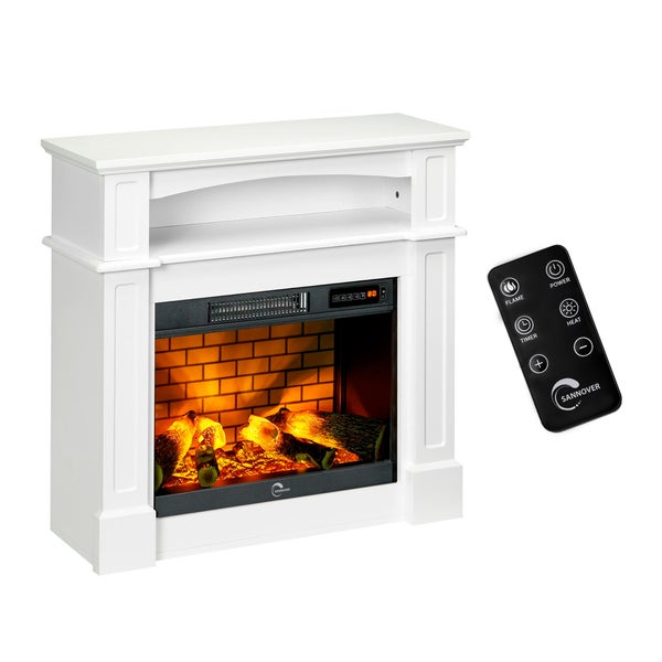 Elektrischer Kamin Sannover mit weißer Kaminumrandung, Ablagefach, realistischem Flammeneffekt, Holzscheiten und Fernbedienung.