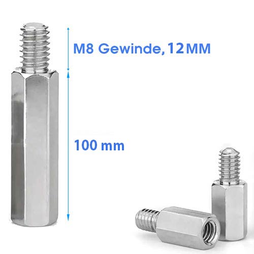 Sechskant-Abstandsbolzen aus Metall mit M8 Gewinde, 12 Millimeter Gewindelänge und 100 Millimeter Gesamtlänge.