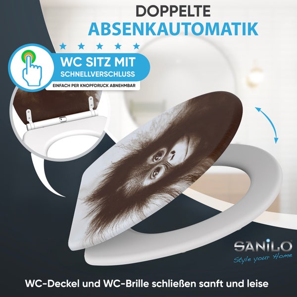 WC-Sitz mit Affenmotiv, Absenkautomatik und Schnellverschluss zum leichten Abnehmen, Sanilo Logo.