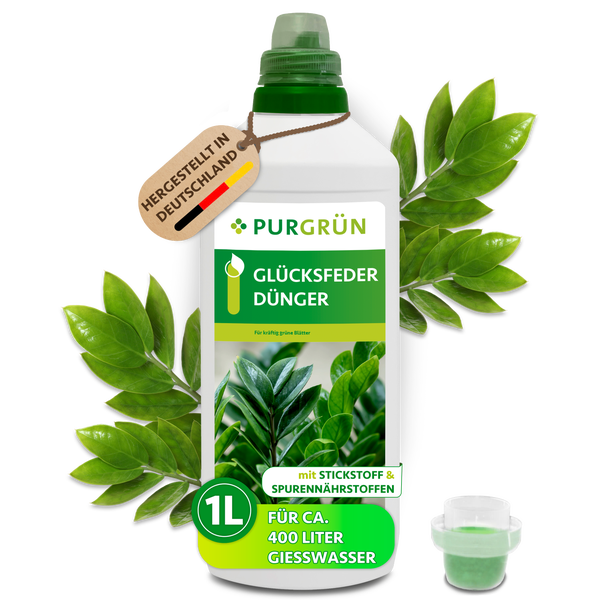 Eine Flasche Purgrün Glücksfeder Dünger mit einem Liter Inhalt, geeignet für circa 400 Liter Gießwasser, mit Stickstoff und Spurennährstoffen.