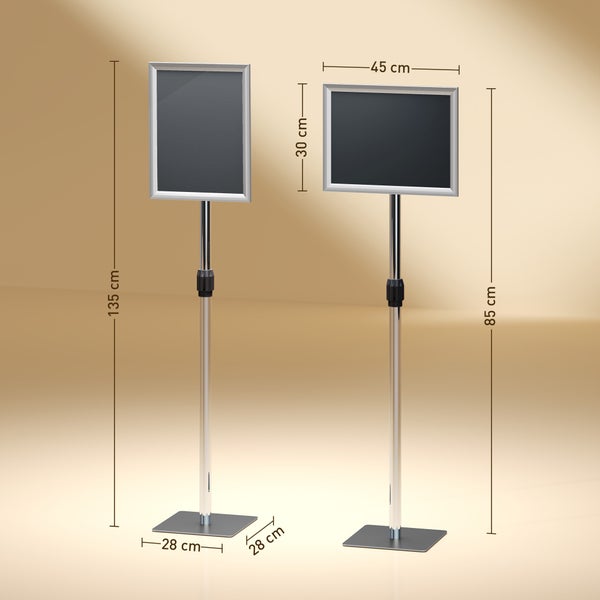 Zwei verstellbare Plakatständer aus Metall mit Klapprahmen im Hoch und Querformat inklusive Maßangaben.
