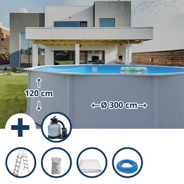 Aufstellpool mit Poolleiter, Sandfilteranlage, Filtersand, Poolplane und Schlauch, Durchmesser 300 cm, Höhe 120 cm