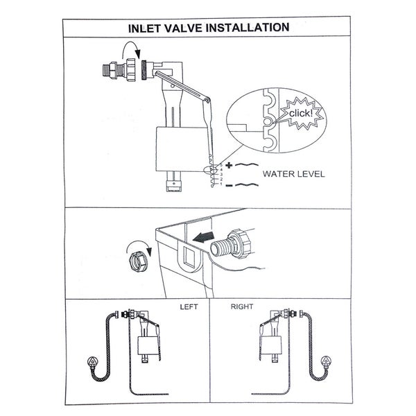 Installationsanleitung für ein Füllventil mit Darstellung der Montage, Wasserstandseinstellung und Anschlussmöglichkeiten im Spülkasten.
