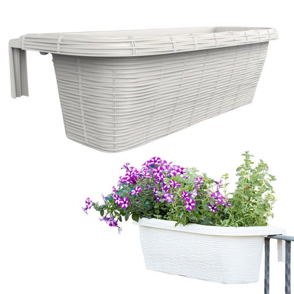 Geländerkasten 60 Rattan Geflecht Optik Balkonkasten für Geländer Blumenkasten inkl. Halterung weiß