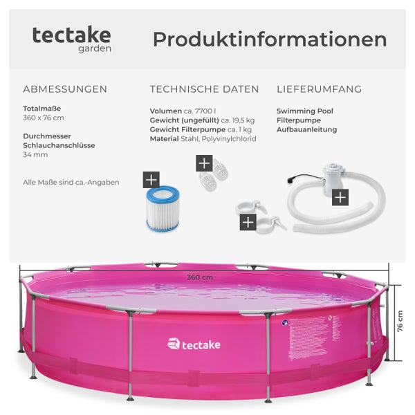 tectake garden Logo und Produktinformationen für Gartenpool, pink, 360 mal 76 Zentimeter, inklusive Filterpumpe, Filterkartusche und Details.
