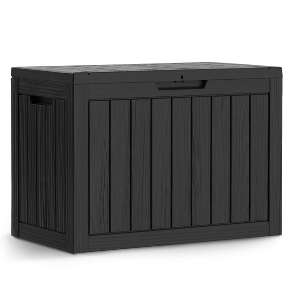 Schwarze Gartenauflagenbox aus Kunststoff in Holzoptik mit Deckel und Griffmulden.