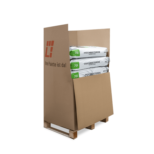 Palette mit mehreren Säcken Hochbeeterde zu 70 Liter in einer Kartonverpackung mit Hornbach Logo.
