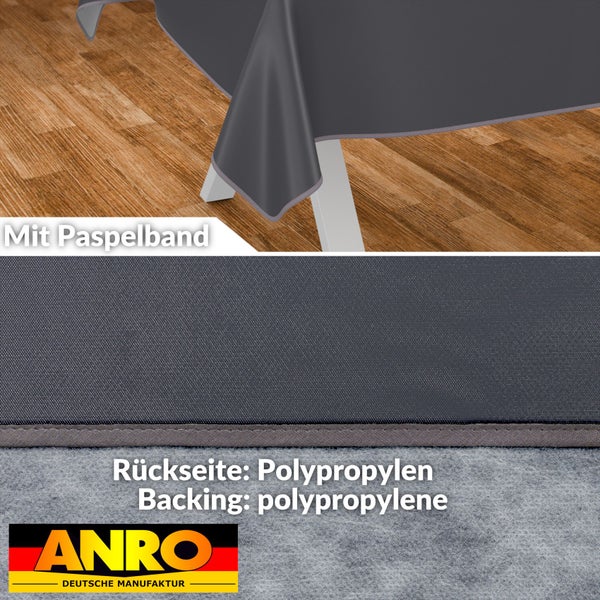 Detailansicht einer grauen Tischdecke mit Paspelband und Polypropylen-Rückseite