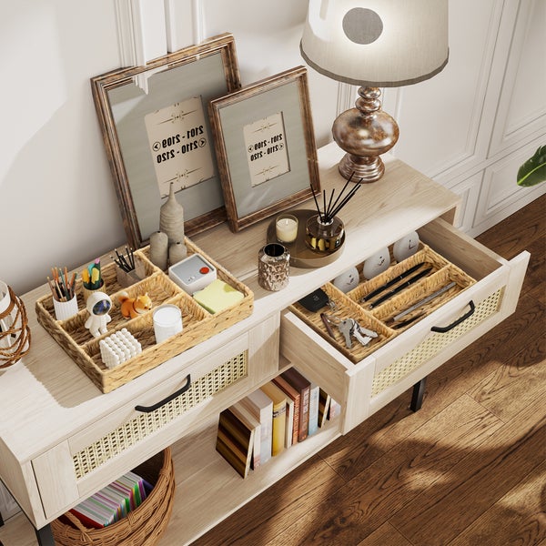 HOMCOM 2er-Set Aufbewahrungskorb, geflochtener Körbe aus Wasserhyazinthe, zum Aufbewahrung und Organisieren, für Wohnzimmer, Küche, Schlafzimmer, 36 x 26 x 5 cm, Naturholz