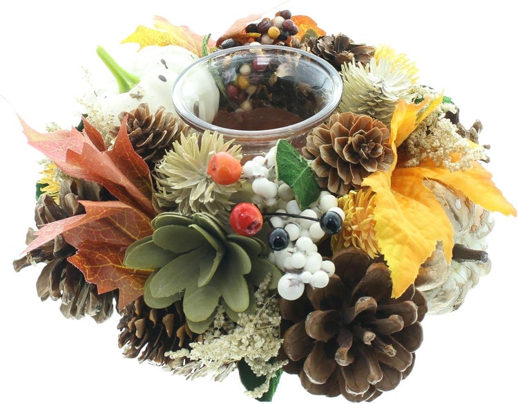 Dekoleidenschaft Windlicht Herbst kleiner bunter Dekokranz Ø 19 cm mit Glaswindlicht, Tischkranz