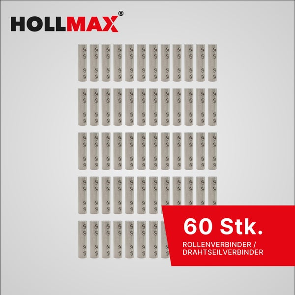 HOLLMAX Logo, 60 Stück Rollenverbinder und Drahtseilverbinder aus Metall mit Befestigungsschrauben.