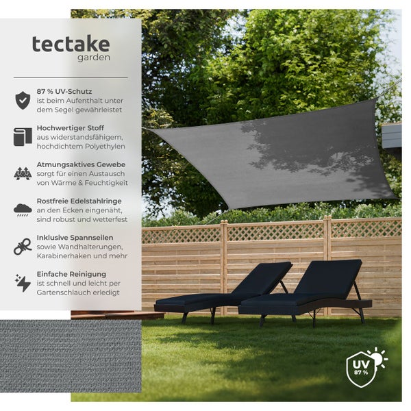 Graues Sonnensegel von tectake garden über zwei Liegestühlen im Garten