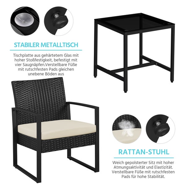 Rattansessel mit Sitzkissen und Metalltisch mit Glasplatte für den Garten