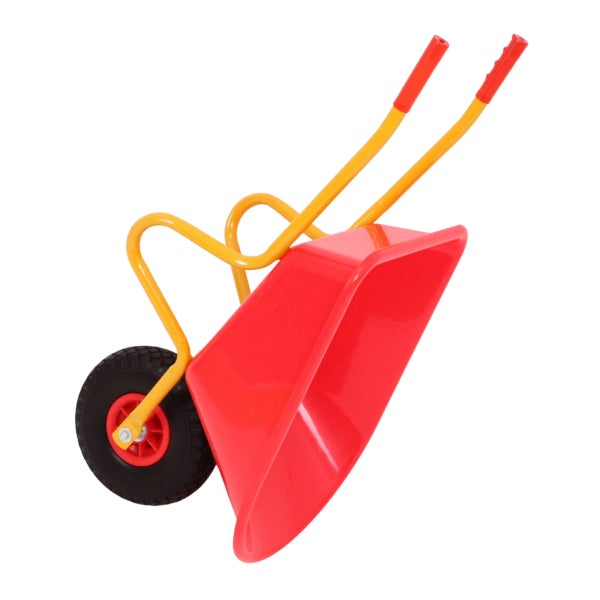 Rote Kinder-Schubkarre aus Kunststoff mit gelbem Metallgestell und schwarzem Rad.