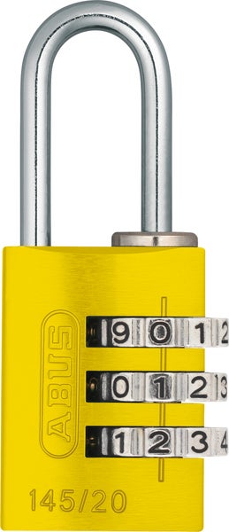 Gelbes ABUS Zahlenschloss 145/20 aus Aluminium mit drei Zahlenrädern und Stahlbügel.