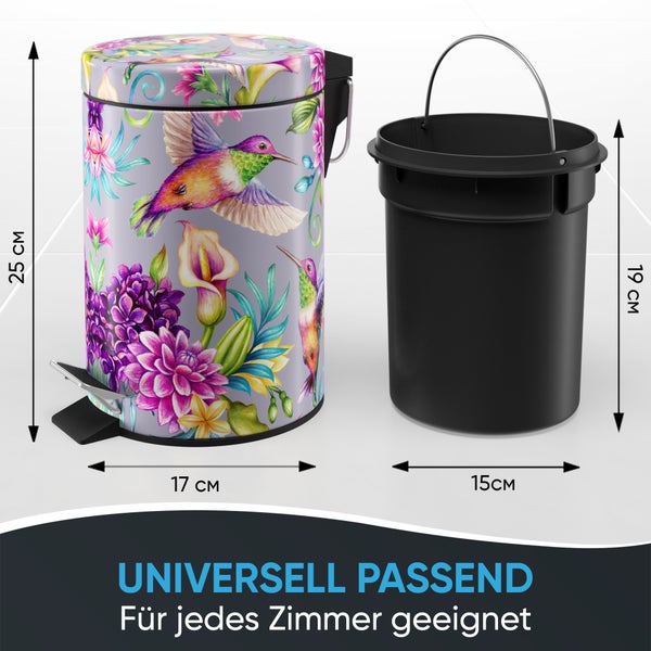 Tretmülleimer mit Kolibri-Motiv, Höhe 25 Zentimeter, Durchmesser 17 Zentimeter, mit Inneneimer, Höhe 19 Zentimeter, Durchmesser 15 Zentimeter.