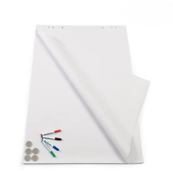 Flipchart-Papierblock inklusive Markern und Magneten, weißes Papier mit Lochung.