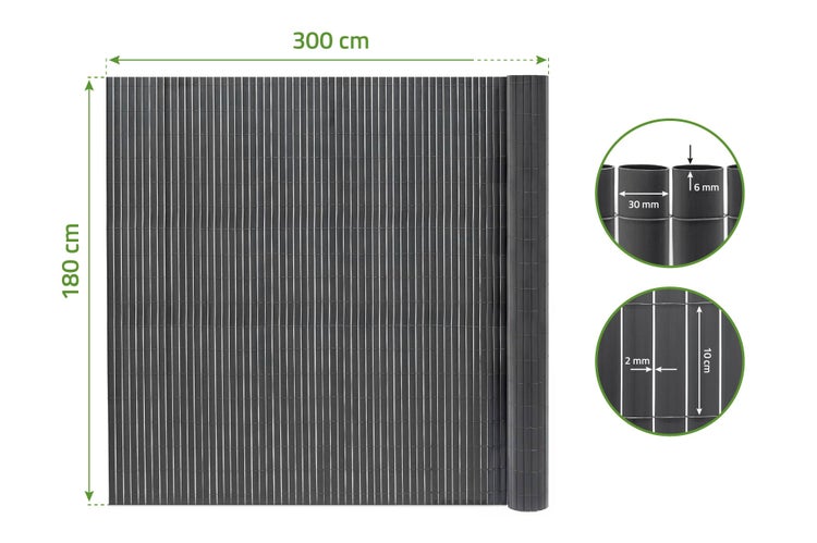 PVC Sichtschutzmatte 180 mal 300 Zentimeter mit 30 Millimeter Röhrchenbreite für Garten und Balkon