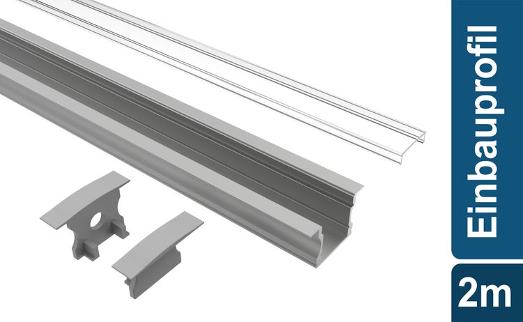 TIVENDIS Led Alu Profil 2 m EH Komplett Set für Strip / Streifen bis 12 mm breit | Abdeckung transparent klar, Endkappen |  Einbau Fußleisten Flachprofil eloxiert