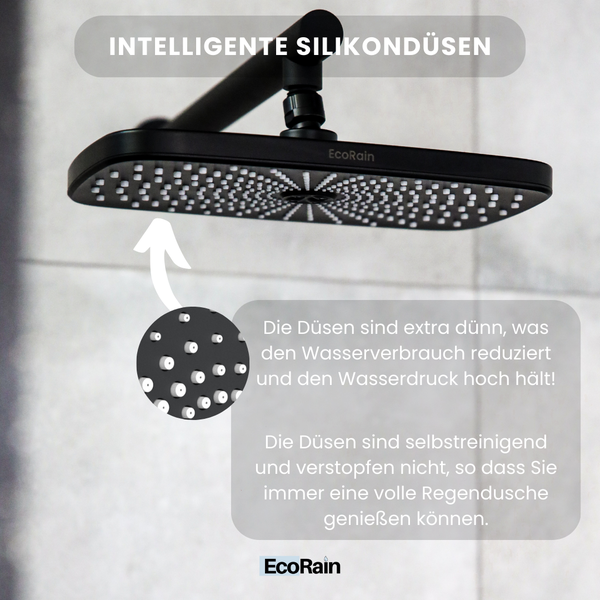 EcoRain 30% Wassersparender Regenduschkopf Melvin 30 CM mit Wand-Duscharm - Hoher Wasserdruck - Universeller Anschluss - Anti-Kalk Duschkopf - Schwarz