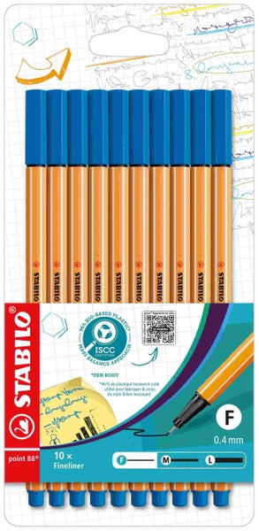 Stabilo point 88 Fineliner im 10er Pack, Strichstärke 0,4 Millimeter, ISCC zertifiziert, Gehäuse aus biobasiertem Kunststoff.