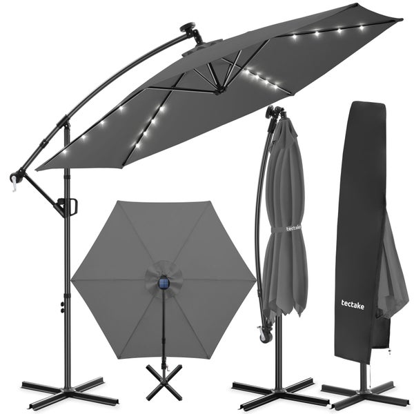 Tectake Ampelschirm mit LED-Solarbeleuchtung, Kurbel, Kreuzfuss und Schutzhülle in verschiedenen Ansichten.