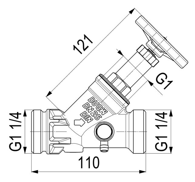 Technische Zeichnung eines Schrägsitzventils mit Handrad, Nennweite 25, G 1 1/4 Zoll Gewindeanschlüssen und Maßen 110 und 121.