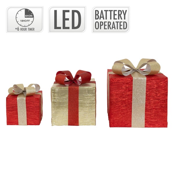 ECD Germany 3er Set LED Geschenkboxen mit 90 warmweißen LEDs, Rot-Gold, Drahtgestell, Weihnachtsdeko Innen, Beleuchtete Geschenkbox batteriebetrieben mit Timer, Weihnachtsdeko Weihnachtsgeschenkbox