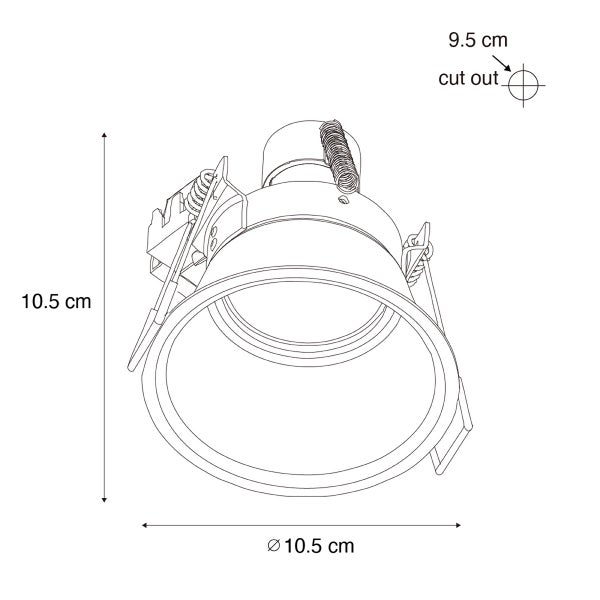 Maßskizze Einbaustrahler mit 10.5 Zentimeter Höhe, 10.5 Zentimeter Durchmesser und 9.5 Zentimeter Lochausschnitt.