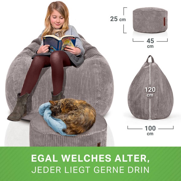 Green Bean 2er Set Indoor XXL Sitzsack + Pouf mit EPS-Perlen Füllung - Fußhocker Fußkissen Hocker Bodenkissen Liegekissen Sitzkissen Lounge Chair - Grau