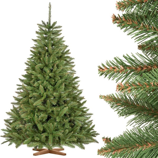 Künstlicher Weihnachtsbaum mit realistischem Aussehen und X-förmigem Ständer.