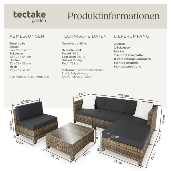 tectake Gartenmöbelset mit Sessel, Eckelementen, Hocker und Tisch mit Glasplatte sowie Maßangaben