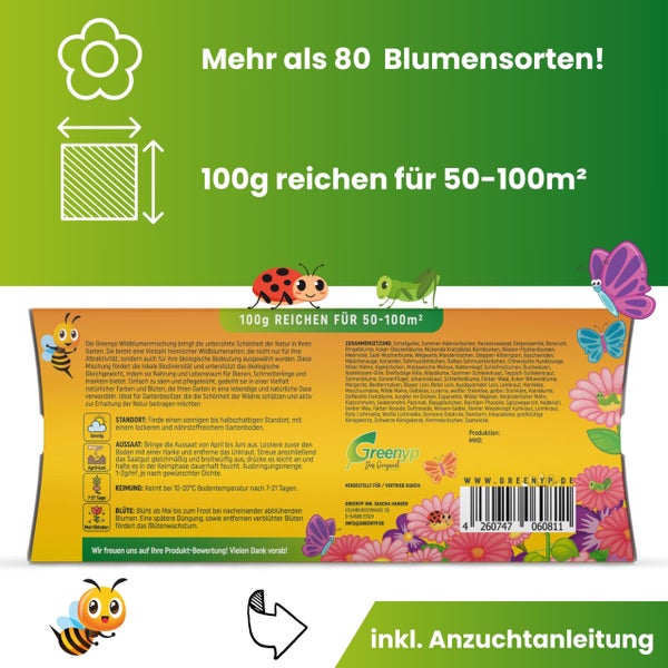 Greenyp Wildblumenmischung I 100g für 100m² I Wildblumensamen - insektenfreundliche Blumenmischung für Bienen I Blumensamen Mischung ein- & mehrjährig