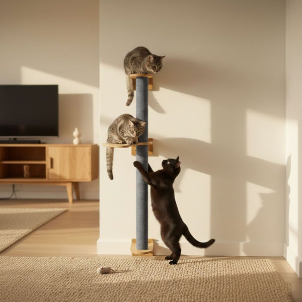 Wandkratzbaum mit drei Ebenen für Katzen in einem hellen Wohnzimmer mit zwei getigerten und einer schwarzen Katze.