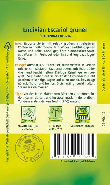 Rückseite einer Samentüte für Endivien Escariol grüner für circa 500 Pflanzen mit Informationen zu Aussaat, Erntezeit und Pflege.