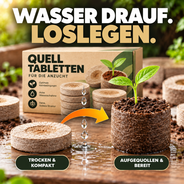 Quelltabletten für die Anzucht von Pflanzen in einer Verpackung mit Illustration der Anwendung von trockenem zu aufgequollenem Zustand.