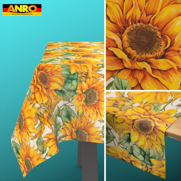 Tischdecke mit Sonnenblumenmuster und Detailansicht der Oberflächenstruktur sowie ANRO Logo.