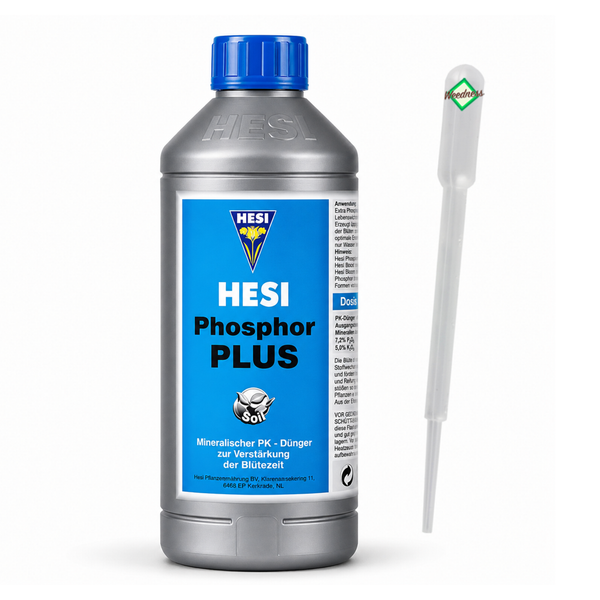 Hesi Phosphor Plus Pflanzendünger für die Blütezeit mit Dosierpipette in einer Kunststoffflasche.