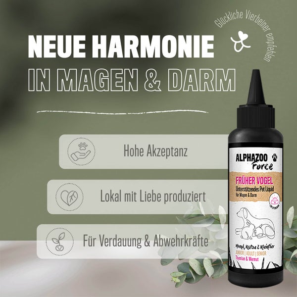 ALPHAZOO Magen-Darm Liquid Früher Vogel 100 ml Hund & Katze I Sekundierende Unterstützung durch Saponine & Bitterstoffe