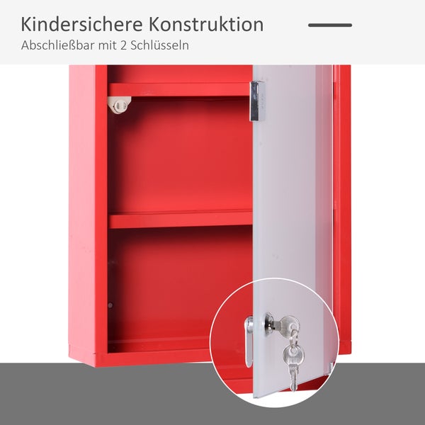 HOMCOM Medizinschrank Arzneischrank Medikamentenschrank mit 3 Ebenen Erste-Hilfe-Schrank mit Schloss Apothekerschrank mit Mattglastür Stahl Rot 27 x 57 x 12 cm