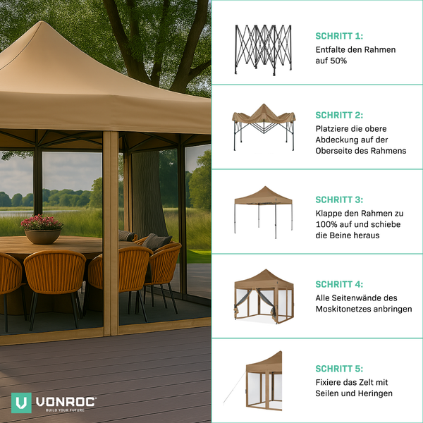 VONROC Pavillon 3x3m wasserdicht stabil - Partyzelt EasyUp System [3Min Aufbau] Popup Faltpavillon modular erweiterbar als Festival Zelt, Gartenpavillon